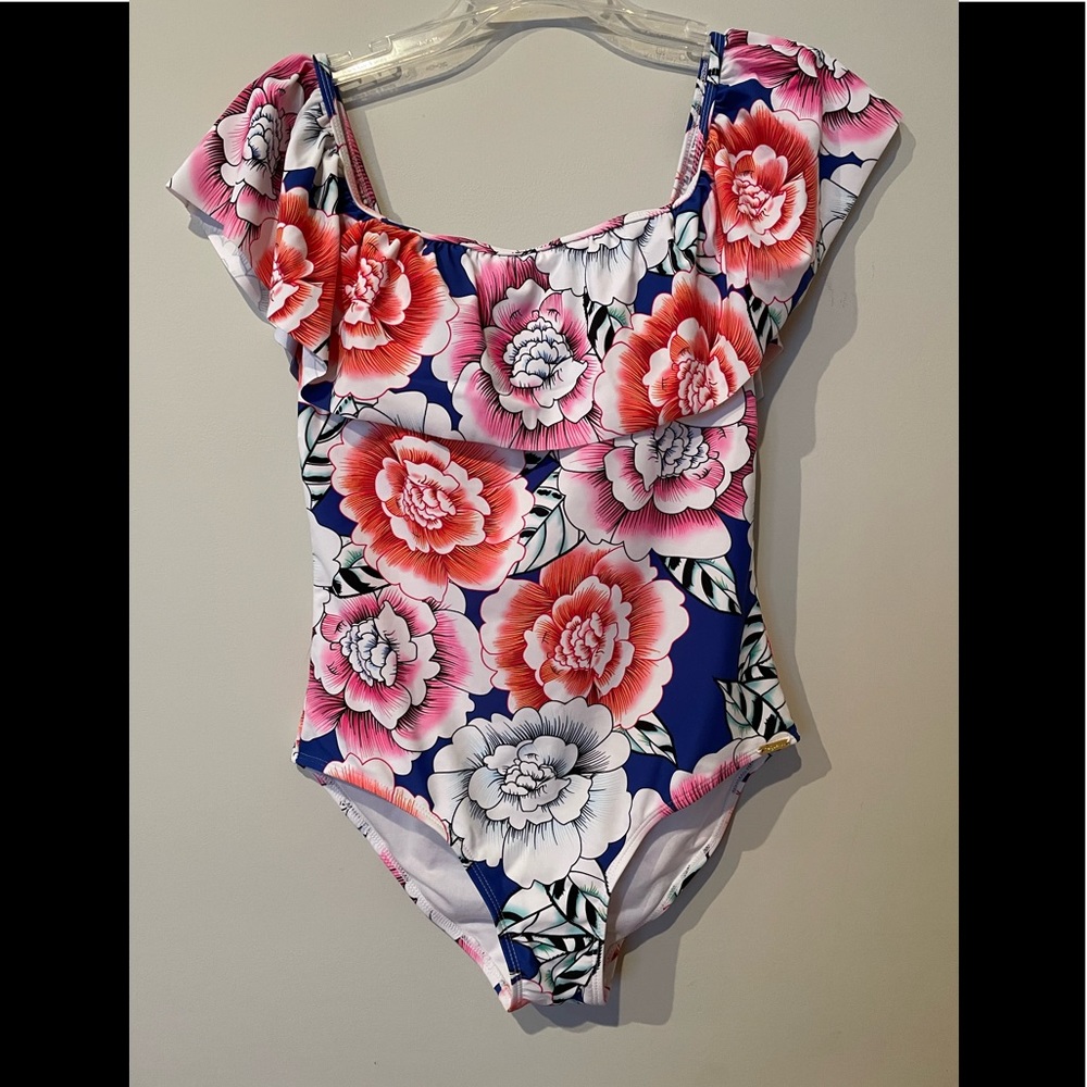 Stylish Swimwear off shoulder one piece Swimsuit front ruffle, Large